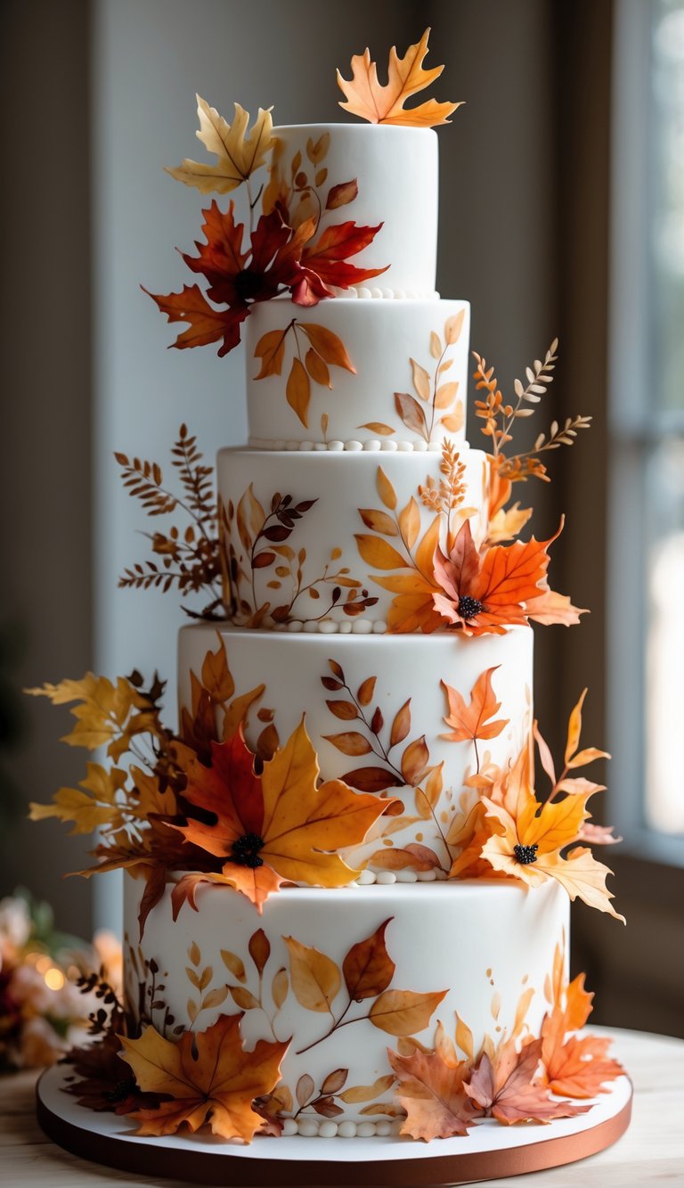 A multi-tiered wedding cake decorated with painted autumn leaves in warm fall colors.